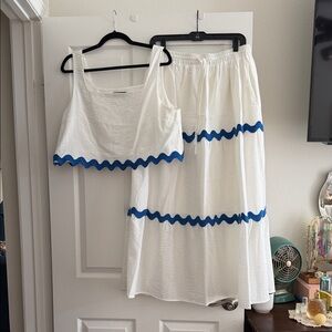 Cute white with blue ric rac trim skirt and top set